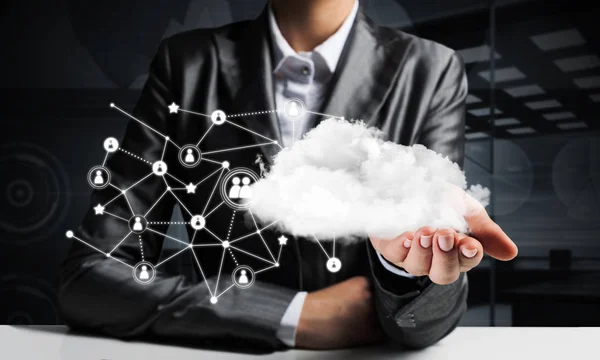 Uomo Affari Giacca Cravatta Che Mantiene Cloud Con Connessioni Rete — Foto Stock