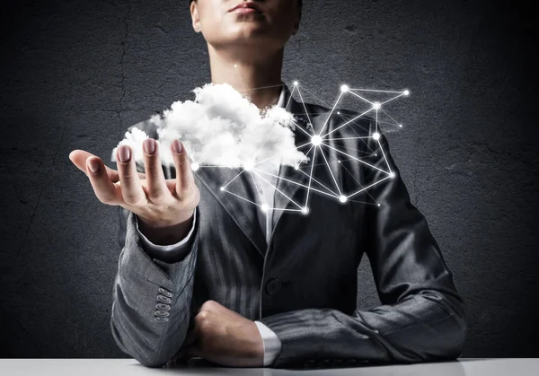 Uomo Affari Giacca Cravatta Mantenere Cloud Con Connessioni Rete Mano — Foto Stock