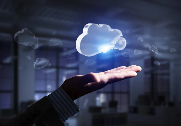 Proche Des Mains Homme Affaires Montrant Concept Cloud Computing Verre — Photo