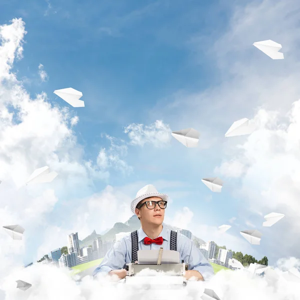 Young Man Writer Hat Eyeglasses Using Typing Machine While Sitting — Stock Photo, Image