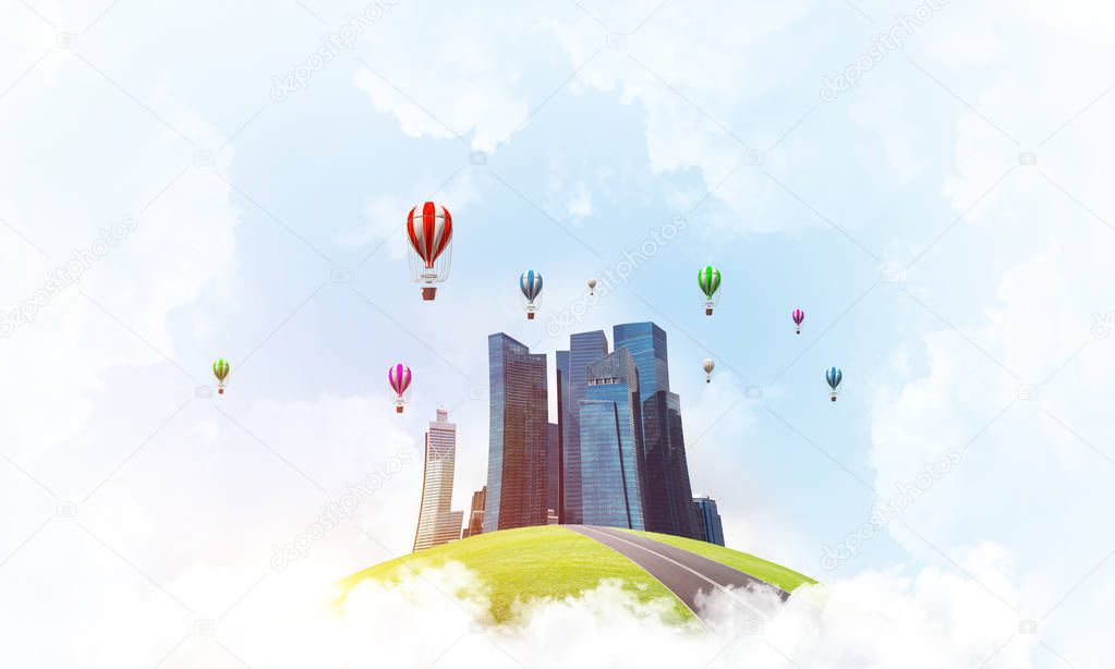 Green flying island among clouds with urban view of towers and skyscrapers. Flying aerostates and blue cloudy skyscape on background. 3D rendering.