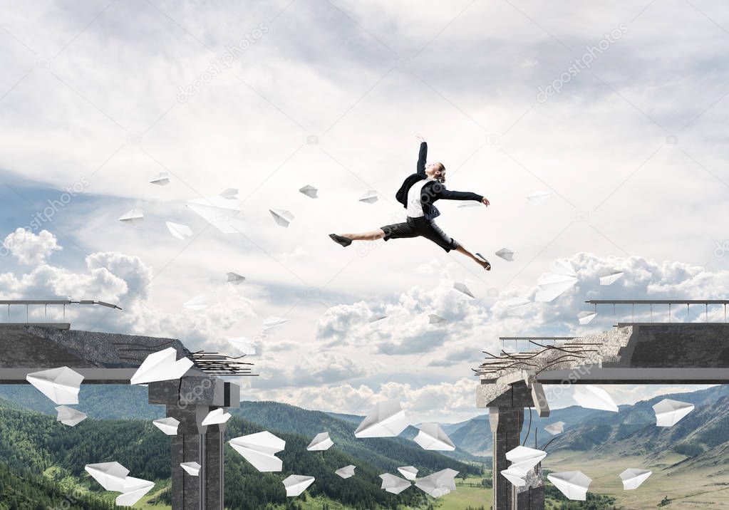 Business woman jumping over gap in bridge among flying paper planes as symbol of overcoming challenges. Skyscape and nature view on background. 3D rendering.
