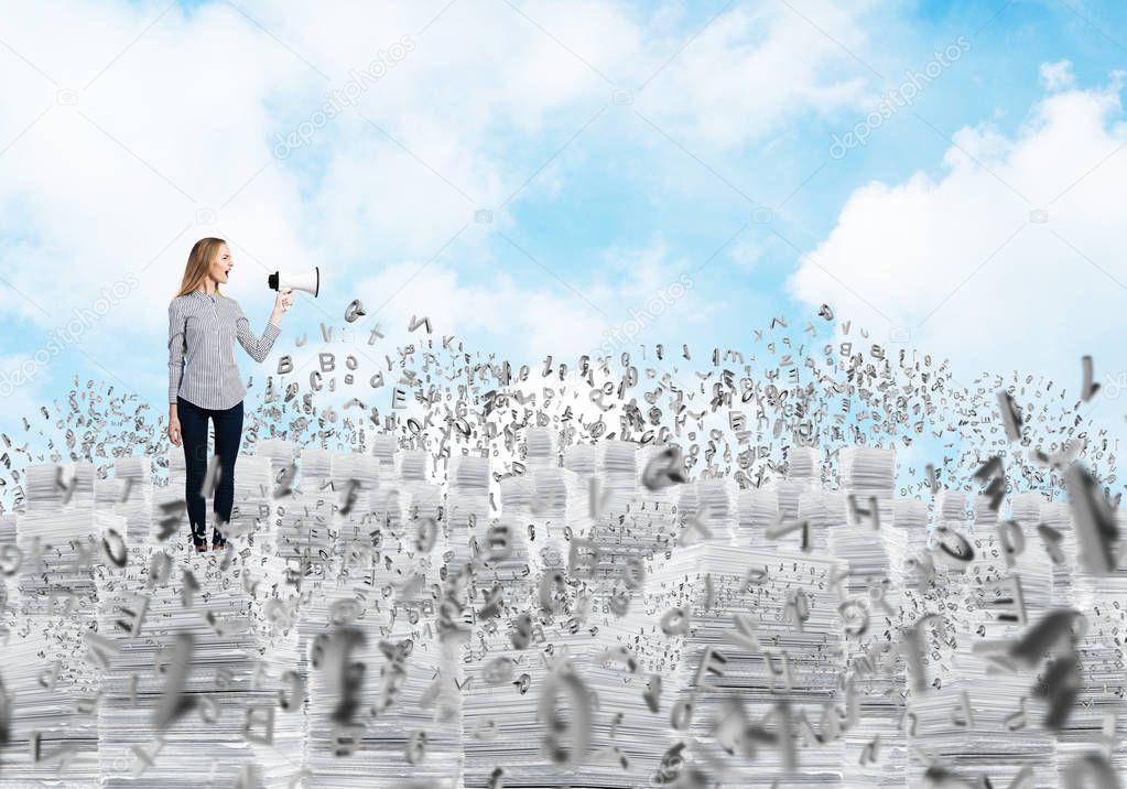 Woman in casual clothing standing on pile of documents with speaker in hand among flying letters with cloudly skyscape on background. Mixed media.