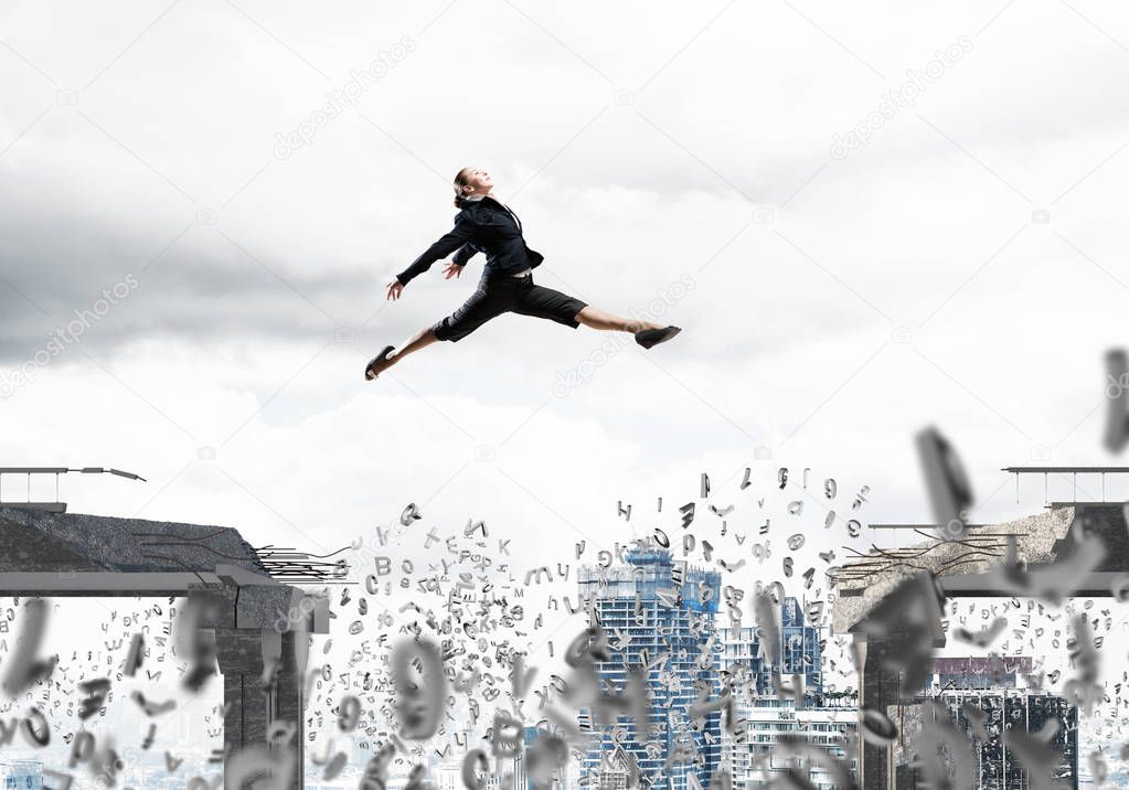 Business woman jumping over gap with flying letters in concrete bridge as symbol of overcoming challenges. Cityscape on background. 3D rendering.