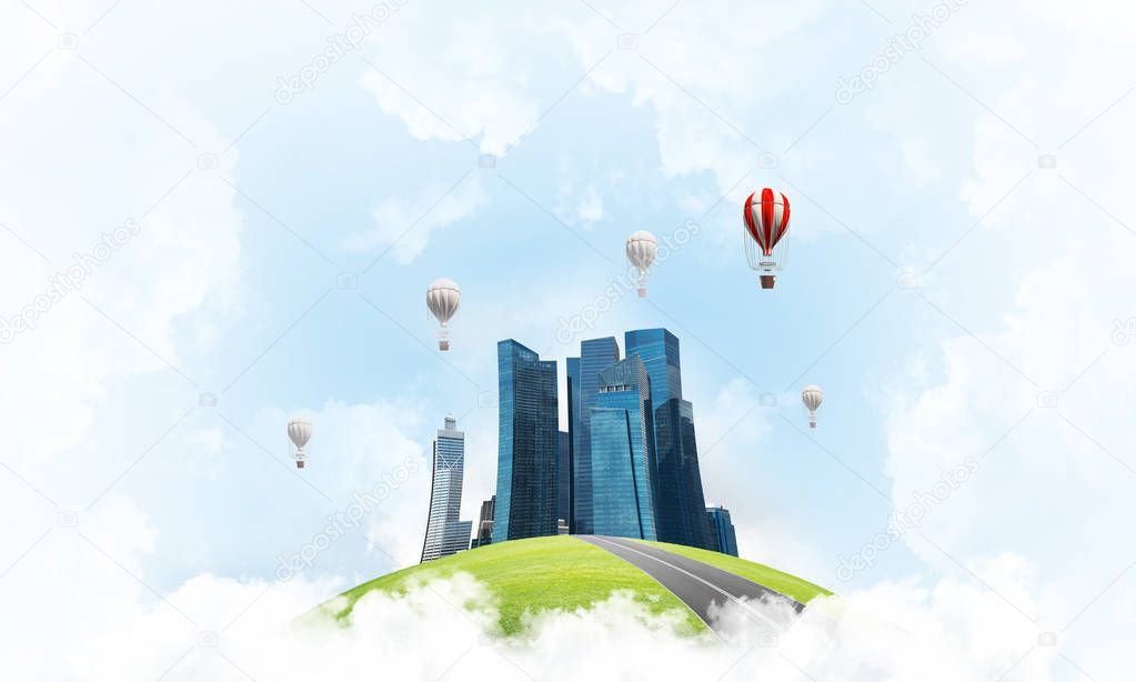 Green flying island among clouds with urban view of towers and skyscrapers. Flying aerostates and blue cloudy skyscape on background. 3D rendering.