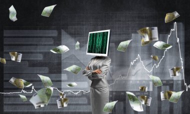 Uçan euro banknot ve analitik grafikler duvar arka plan üzerinde çizilmiş karşı dururken iş kadını kıyafetli kafa silah tutmak yerine İzleyicisi ile geçti. 3D render.