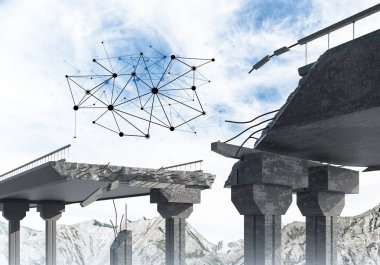 Bağlantı hatları ile beton köprüde bir boşluk bağlantı sembolü olarak. 3B işleme