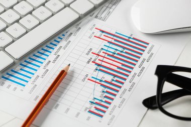 Klavye fareli iş yeri ve grafik ve diyagramlı kağıtlar