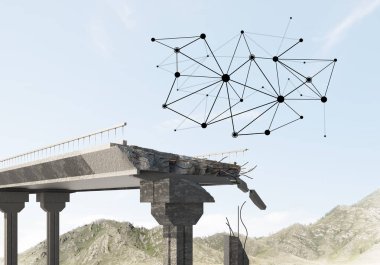 Bağlantı hatları ile beton köprüde bir boşluk bağlantı sembolü olarak. 3B işleme