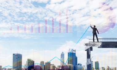 Businessman in suit drawing graphs on modern statistical media interface while standing on broken bridge with cityscape on background. 3D rendering. clipart
