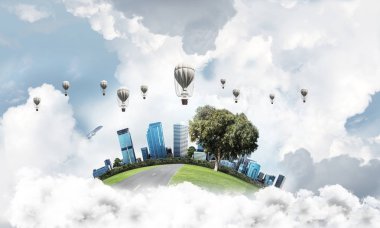 Kent manzaralı kule ve gökdelen yeşil uçan ada. Aerostates ve mavi bulutlu gökyüzü arka plan üzerinde uçan. 3D render.