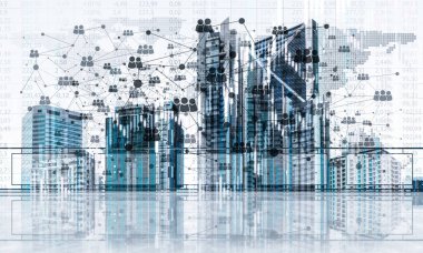 Modern şehir manzarası ve bağlantı hatları üzerinde cam siperleri olan boş bir balkon. 3d oluşturma