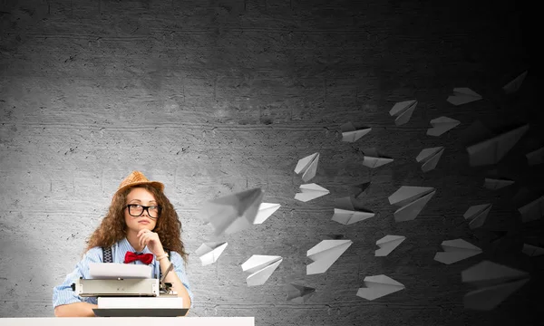 Young Beautiful Woman Writer Hat Eyeglasses Using Typing Machine While — Stock Photo, Image