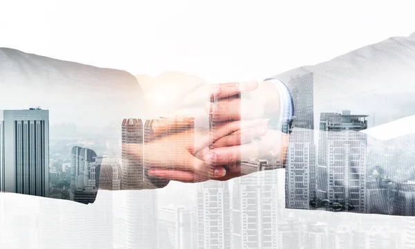 Close Businesspeople Putting Hands Together Cityscape Background — Stock Photo, Image