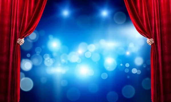 Close Businessman Hand Open Red Velvet Curtain Stage — Stock Photo, Image