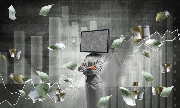 İş kadını kafasına silah tutmak yerine TV elbiseli uçan euro banknot ve analitik grafikler duvar arka plan üzerinde çizilmiş karşı dururken geçti. 3D render.