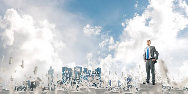 Confident Businessman Suit Standing Pile Documents Flying Letters Cloudly Sky — Stock Photo, Image