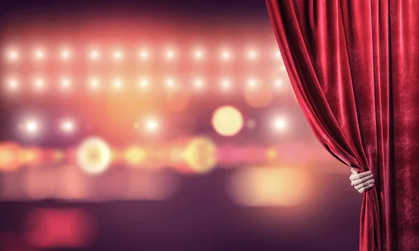 Close Businessman Hand Open Red Velvet Curtain Stage — Stock Photo, Image