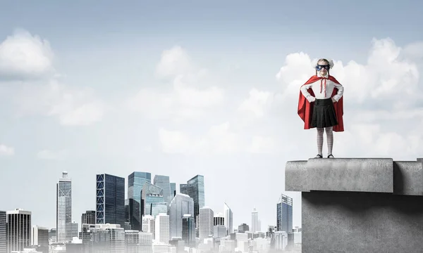 Young Girl Superhero Costume Standing Building Roof Mixed Media — Stock Photo, Image