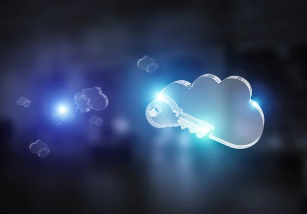 Conexión inalámbrica y computación en nube presentada por el icono de la nube en blanco. Medios mixtos —  Fotos de Stock