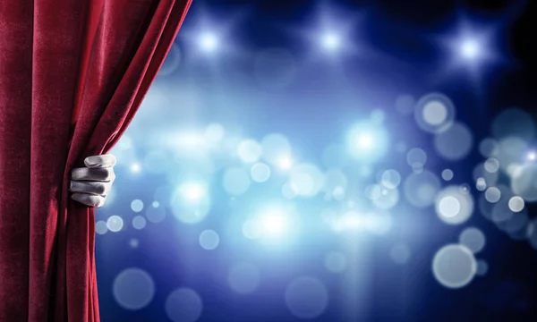 Close Businessman Hand Open Red Velvet Curtain Stage — Stock Photo, Image