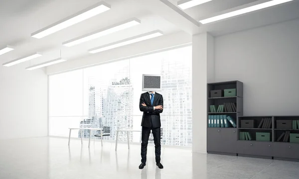 Businessman Suit Monitor Instead Head Keeping Arms Crossed While Standing — Stock Photo, Image