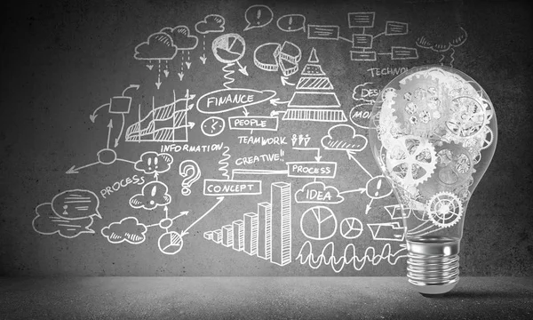 Lightbulb Multiple Gears Placed Business Plan Information Sketched Grey Wall — Stock Photo, Image