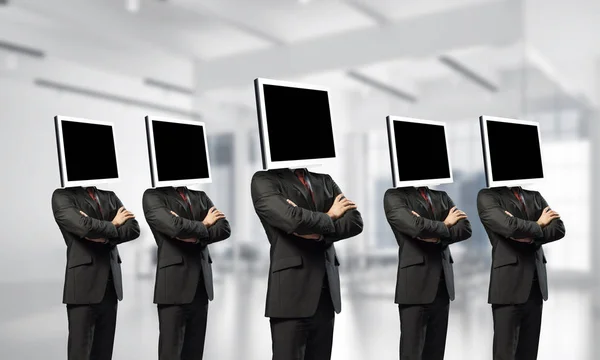 Businessmen Suits Monitors Instead Heads Keeping Arms Crossed While Standing — Stock Photo, Image