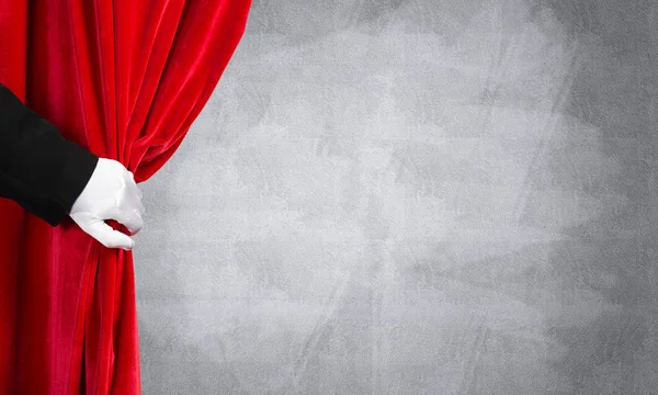 Close Hand White Glove Open Red Velvet Curtain — Stock Photo, Image