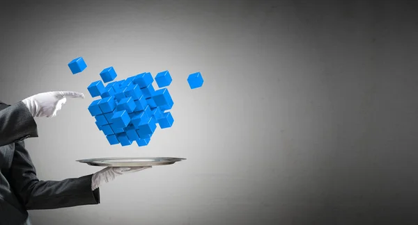 Cropped Image Waiter Hand White Glove Presenting Multiple Cubes Metal — Stock Photo, Image