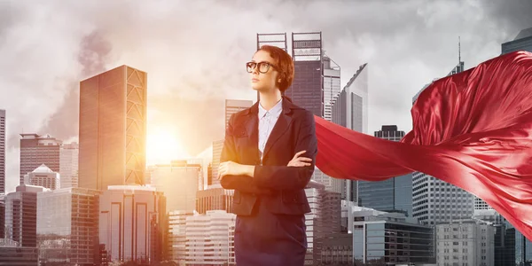 Young Confident Businesswoman Wearing Red Cape Modern City Background — Stock Photo, Image