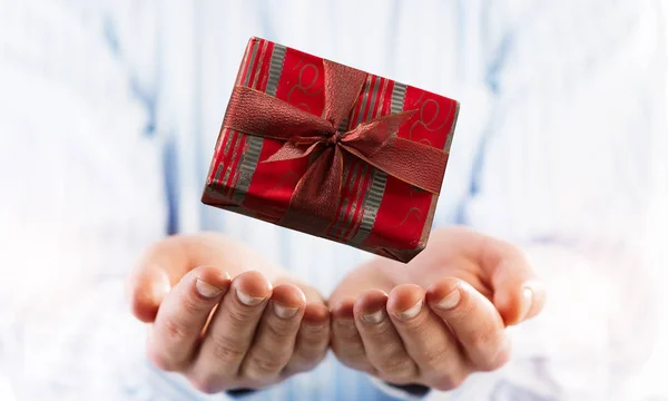 Close Businessman Hands Holding Red Gift Box Mixed Media — Stock Photo, Image