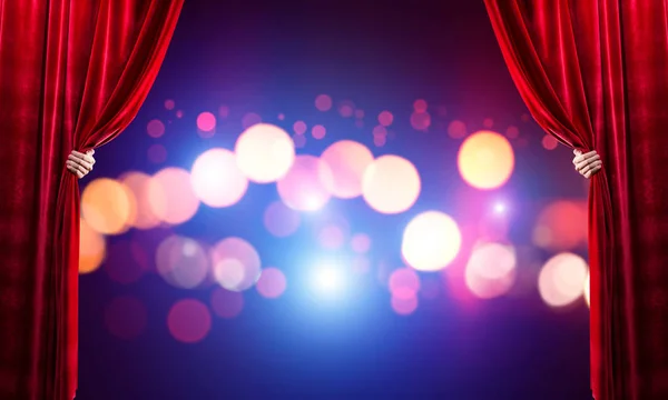 Close Businessman Hand Open Red Velvet Curtain Stage — Stock Photo, Image