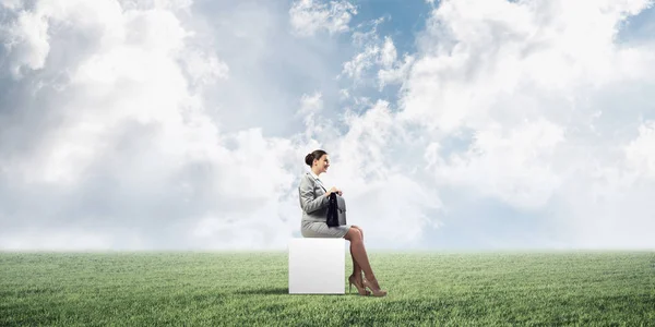 Elegant Businesswoman Suitcase Hand Sitting White Cube — Stock Photo, Image