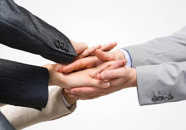 Close Businesspeople Putting Hands Together White Background — Stock Photo, Image