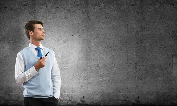 Horizontal Shot Confident Young Businessman Smart Casual Wear Smoking Pipe — Stock Photo, Image