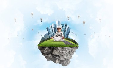 Genç küçük çocuk gözleri koruma kapalı ve seyir Island Hava bulutlu gökyüzü ve uçan aerostats ile arka plan üzerinde uçan üzerinde meditasyon sırasında konsantre. 3D render.