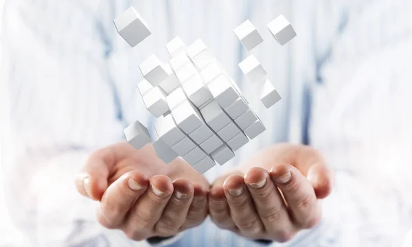 Close Businessman Hand Holding Cube Figure Symbol Innovation Rendering — Stock Photo, Image