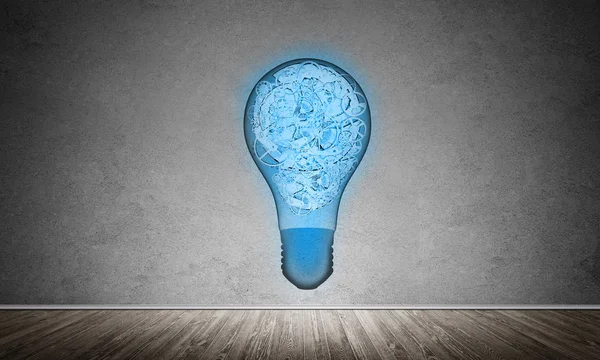 Lâmpada Azul Brilhante Com Várias Engrenagens Interior Colocado Sala Vazia — Fotografia de Stock