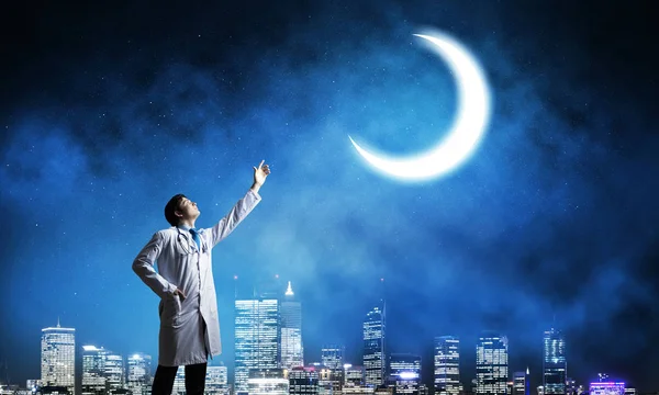 Horizontal Shot Young Doctor White Medical Uniform Interracting Young Moon — Stock Photo, Image