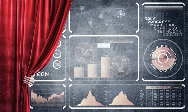 Mão Abertura Cortina Vermelha Desenho Gráficos Negócios Diagramas Por Trás — Fotografia de Stock
