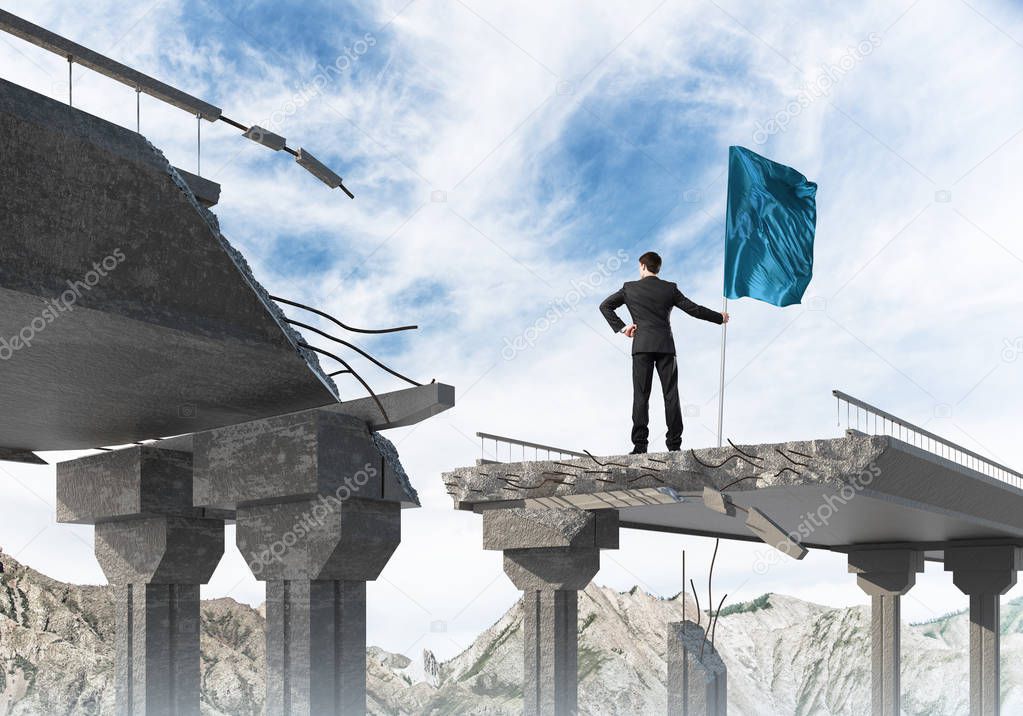 Rear view of confident businessman in suit holding flag in hand while standing on broken bridge with cloudly skyscape and nature view on background. 3D rendering.