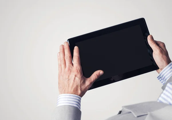 Close Businessperson Using Digital Tablet Blank Display — Stock Photo, Image