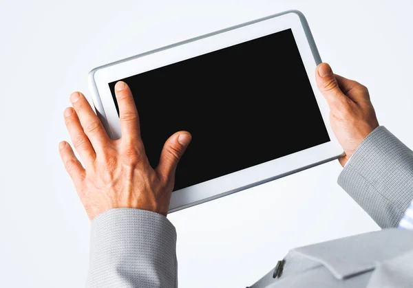 Close Businessperson Using Digital Tablet Blank Display — Stock Photo, Image