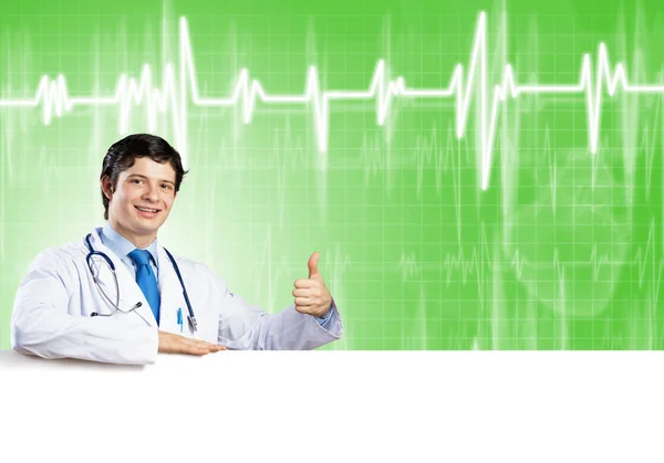 Young Handsome Doctor Holding White Blank Banner Place Your Text — Stock Photo, Image