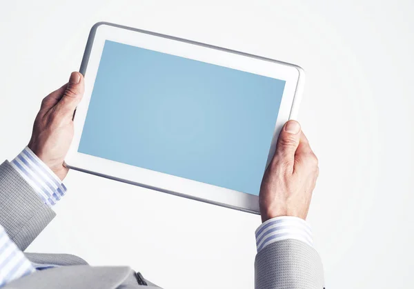 Close Businessperson Using Digital Tablet Blank Display — Stock Photo, Image