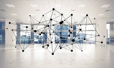 Noktalarla bağlantılı çizgiler ofis içi sosyal iletişim konsepti olarak. 3B görüntüleme