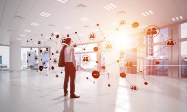 3D ofis içi ve sosyal bağlantı kavramındaki zarif iş adamı. Karışık ortam