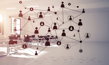 Noktalarla bağlantılı çizgiler ofis içi sosyal iletişim konsepti olarak. 3B görüntüleme