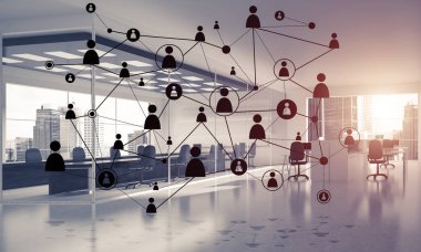 Noktalarla bağlantılı çizgiler ofis içi sosyal iletişim konsepti olarak. 3B görüntüleme